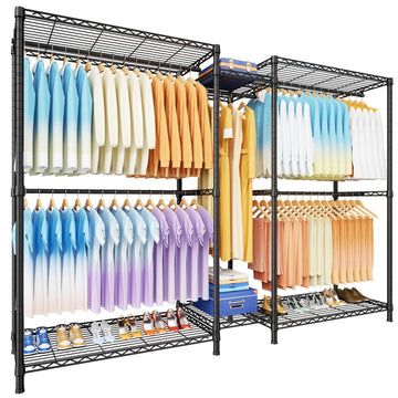 E12 Max Clothes Rack, Heavy Duty Freestanding Garment Rack with Shelves, Metal Clothing Closet Storage System for