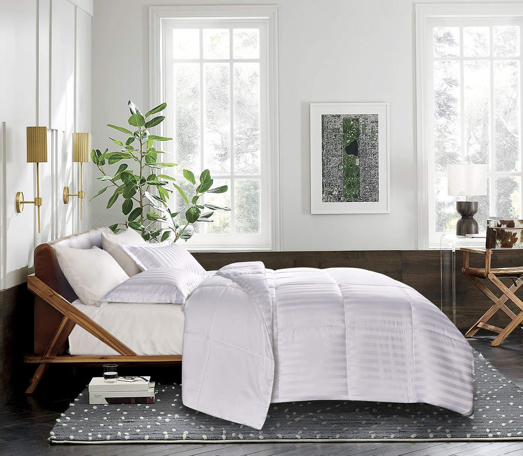 Microfiber Damask Stripe/Solid Reversible Down Alternative Comforter Set - All Season Warmth, Twin, White