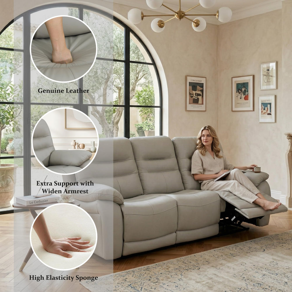 Power Reclining Sofa, 3-Seater Genuine Leather Recliner Couch, Light Grey Top Grain Leather Sofa with USB Port