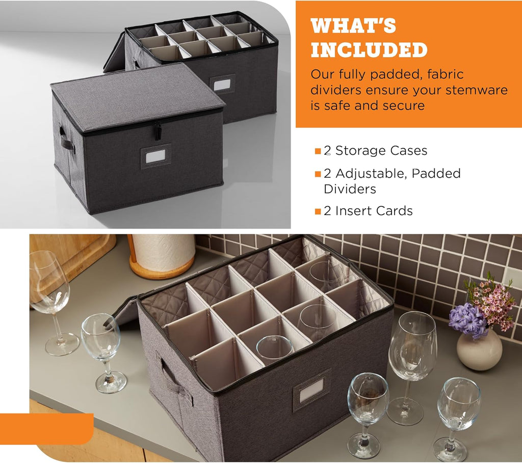Wine Glass Storage Containers, Hard Shell Organizer for Stemware and Glassware Sets, Stackable Wine Glass Storage Box