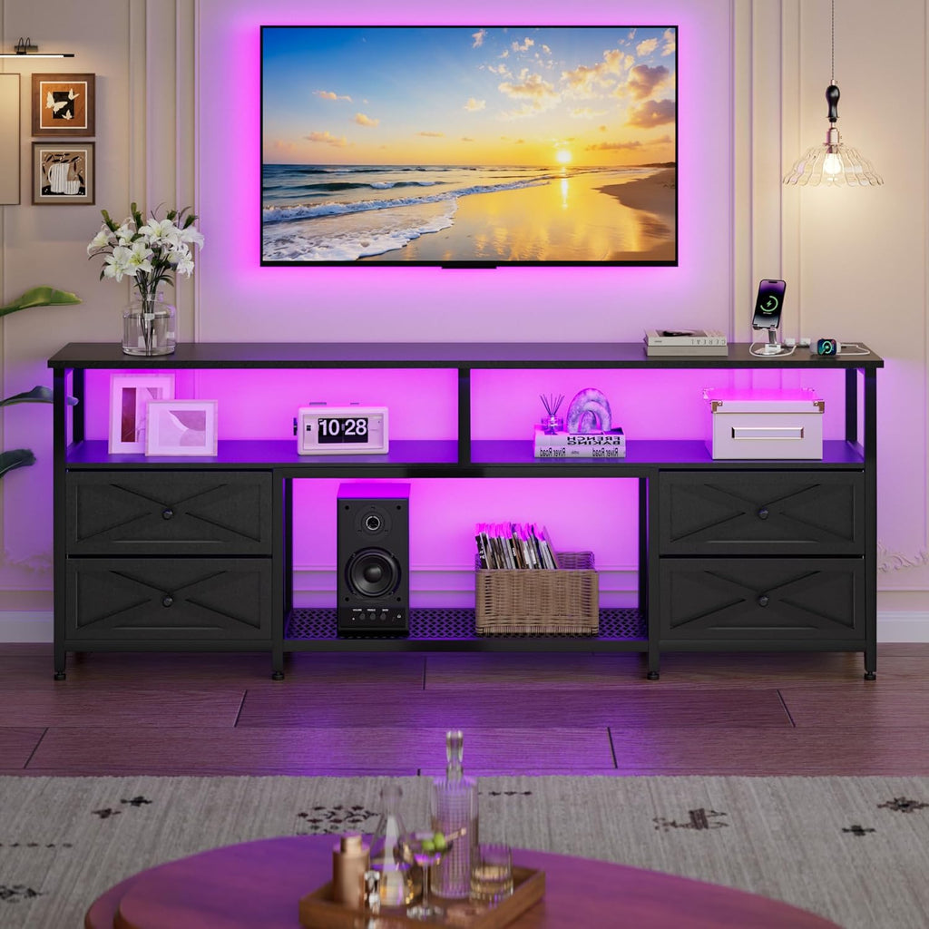 TV Stand with Fabric Drawers for 65 70 75 Inches TV - Entertainment Center with Open Storage Shelf, Power Outlets &