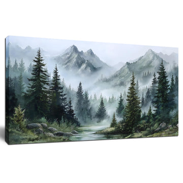 Large Misty Forest Wall Art Green Nature Mountain Landscape Canvas Artwork with Trees and River Nature Art Office