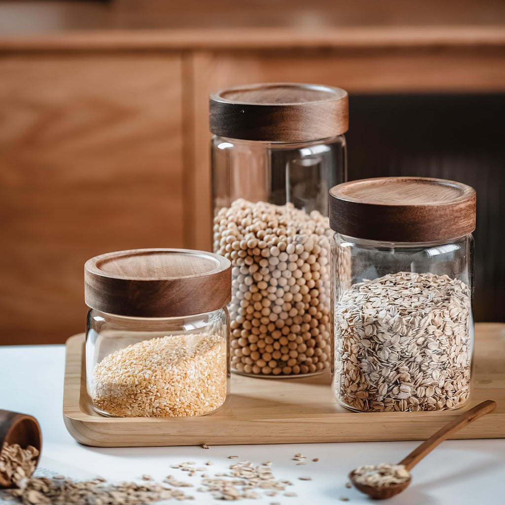 3 Pack 40 fl oz/1200 ml Clear Glass Storage Canister with Airtight Wooden Screw On Lid, Large Tall Decorative Glass