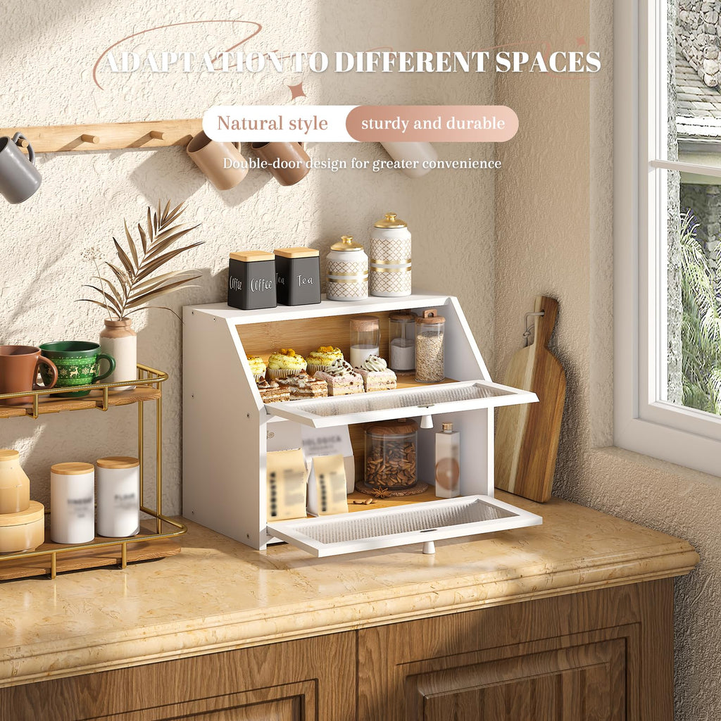 Bread Box - Countertop Bin Double Layer Storage Container Extra Large Capacity Farmhouse with Diamond Pattern Windows (White