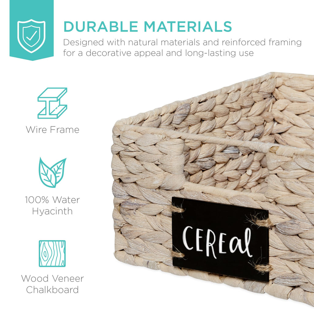 Set of 4 9x12in Water Hyacinth Pantry Baskets, Woven Organizers w/Chalkboard Label, Chalk Marker - White