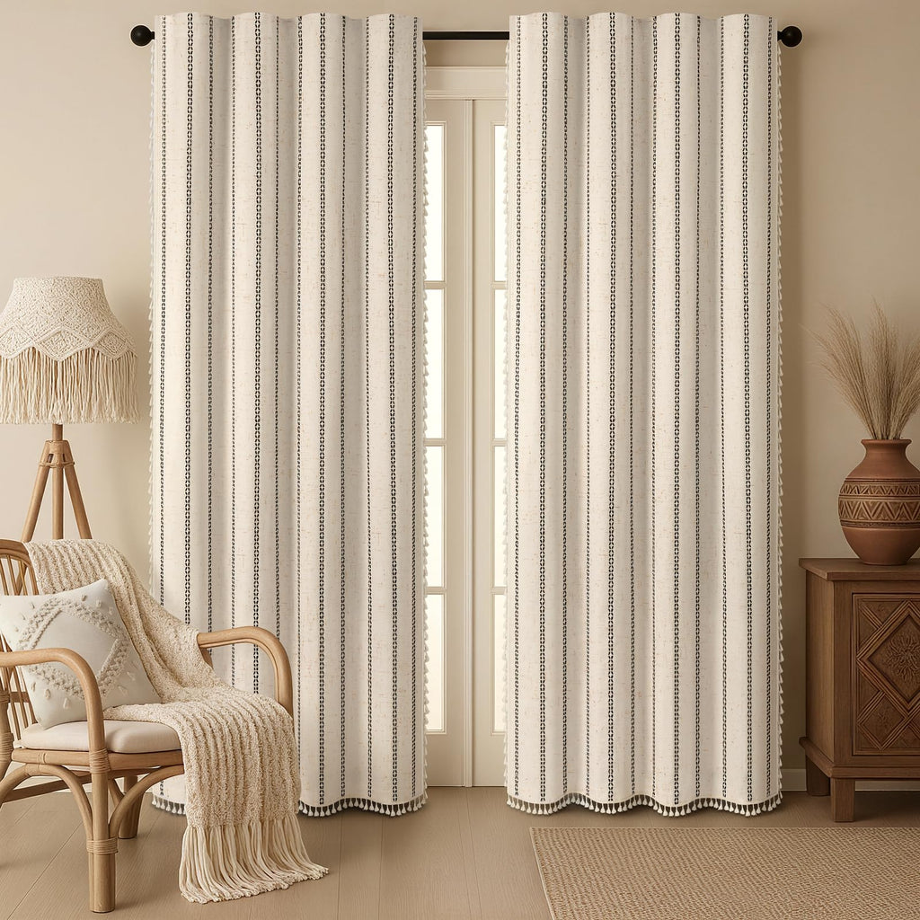 Beige 100% Boho Blackout Curtains 84 Inch 2 Panels with Tassels