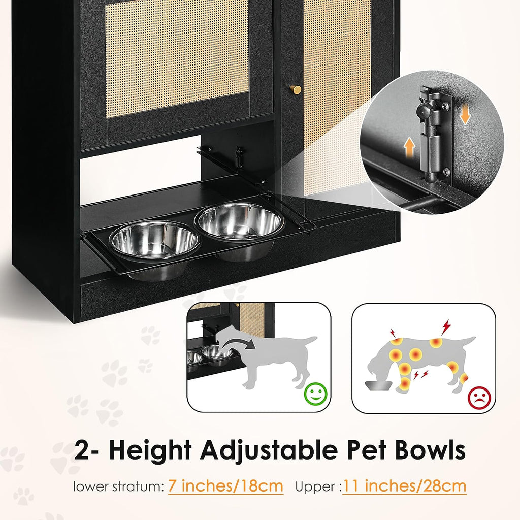 Dog Feeding Station with Wicker Storage, Dog Food Storage Cabinet with 2 Bowls & Side Hooks, Pet Organizer, Dogs