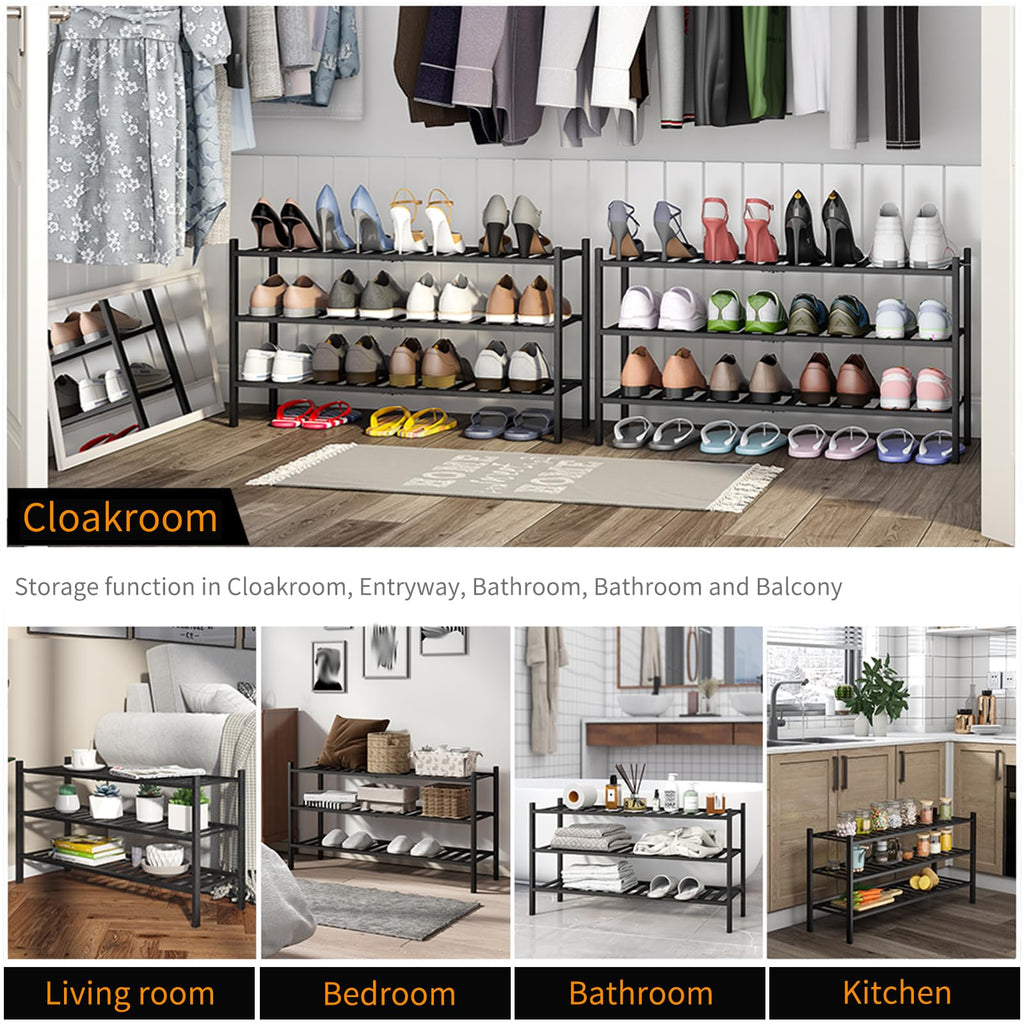 Long Shoe Rack, Bamboo Stackable Shoe Shelf Storage Organizer, Shoe Stand for Closet, Entryway and Hallway (Black