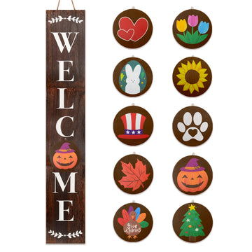 Welcome Sign for Front Porch Standing, Interchangeable Welcome Standing Sign with 5 Designed DoubleSided Icons for
