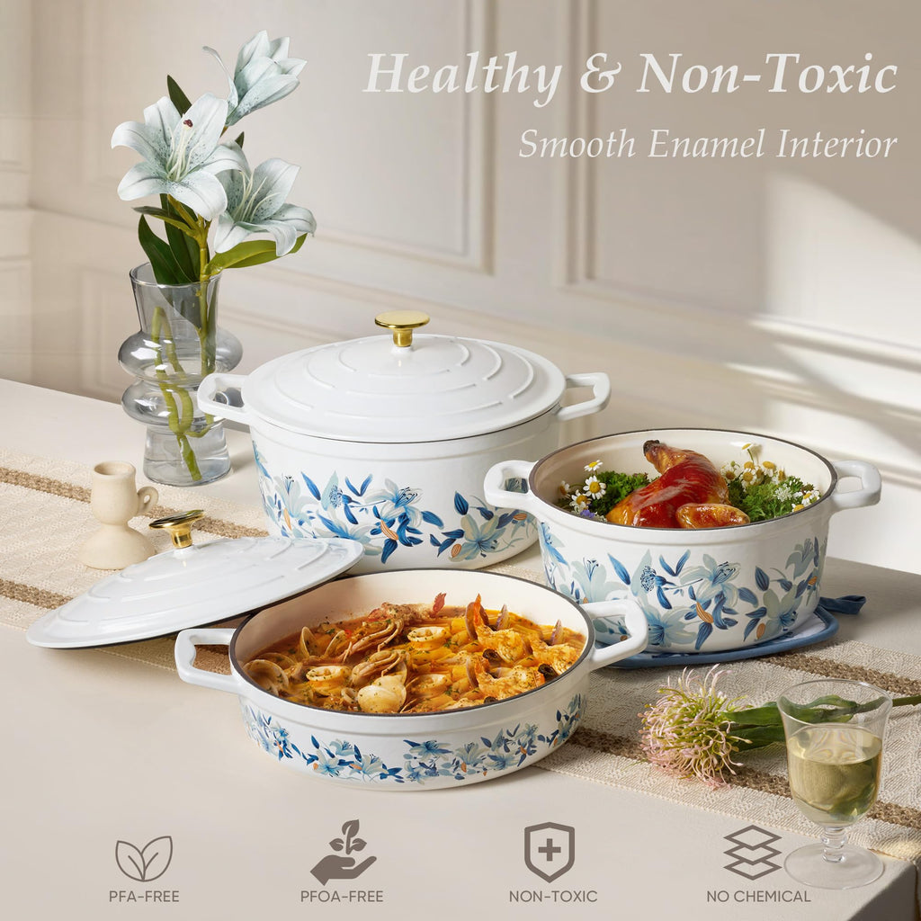 7QT Enameled Cast Iron Dutch Oven Pot with Lid, White & Blue