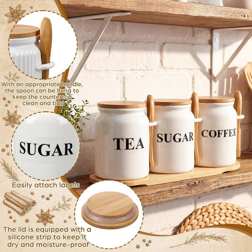 Coffee Sugar and Tea Canister Set with Tray and Spoon 27 oz Ceramic Farmhouse White Container Jar - Set of 3