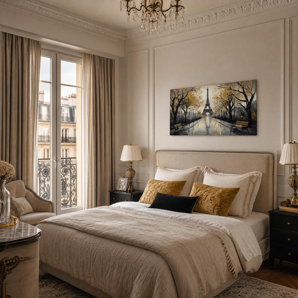 Romantic Paris Eiffel Tower Canvas Wall Black and Gold Cityscape Painting Print Gallery Wrapped Vintage City Artwork