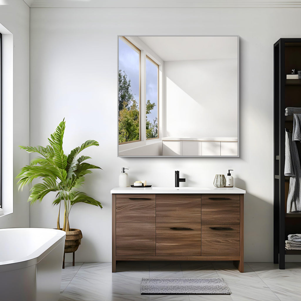 Silver Mirror, 42"x42" Square Bathroom Mirror for Wall, HD Tempered Glass, Anti-Rust Frame, Modern Design