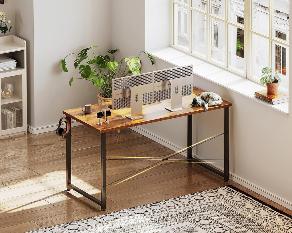 48 Inch Small Computer Desk, Study Writing Table for Small Spaces, Simple Modern Desk with Headphone Hooks, Rustic Brown