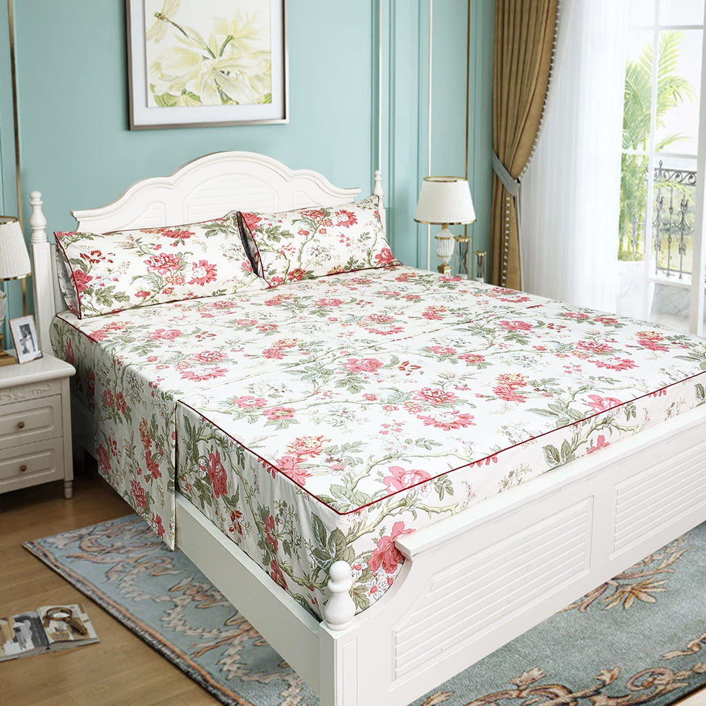 100% Egyptian Cotton Sheet Sets - Queen Vintage Rose Floral Bedding - Super Soft Farmhouse - Deep Pocket Fitted Sheet