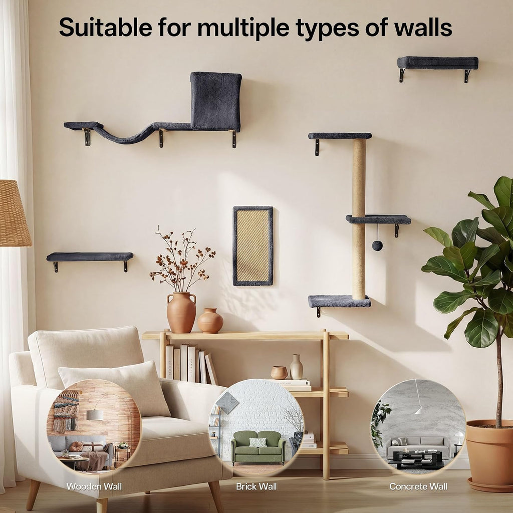 Cat Wall Shelves, 5-in-1 Cat Wall Furniture Set, Grey