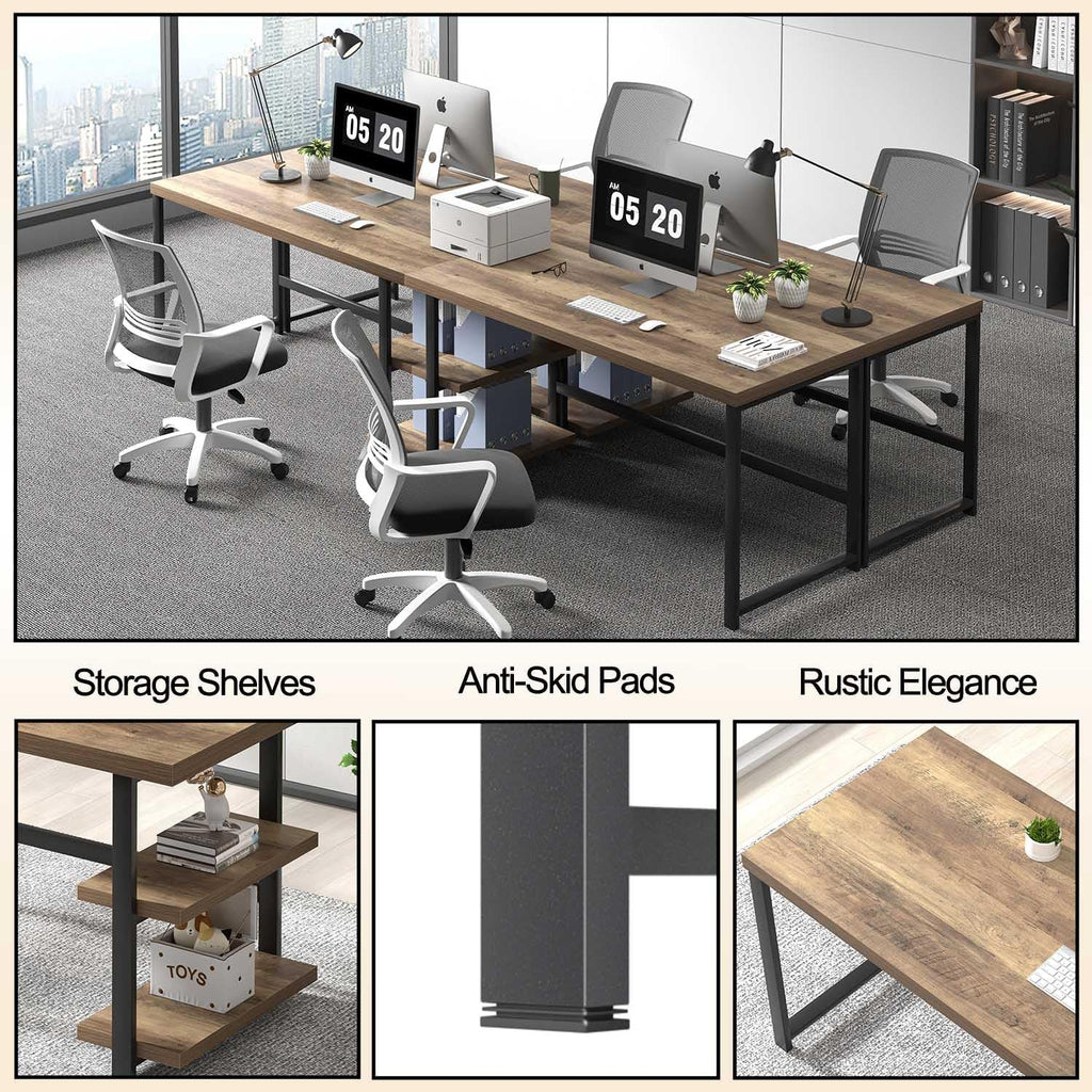 60 Inch Home Office Desk, Large Computer Desk with Storage Shelves, Modern Wood and Metal Writing Study Gaming Table