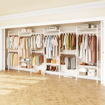 H6 Wall Mounted Closet System, Industrial Pipe Clothes Rack Clothing Racks with 6 Telescopic Rods & 3 Fixing Rods & 9