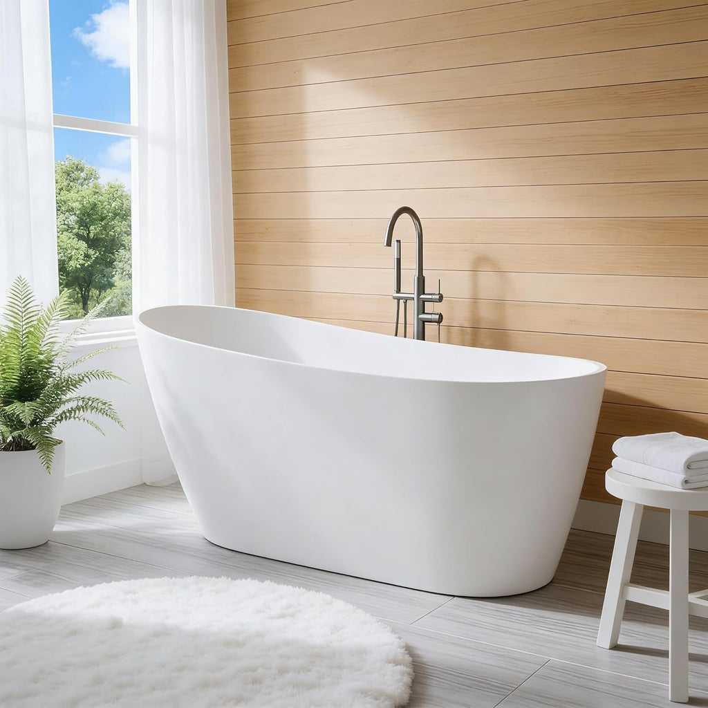 67" Freestanding Bathtub, Black Exterior White Interior Acrylic Stand Alone Soaking Tub, Modern Oval Bath with