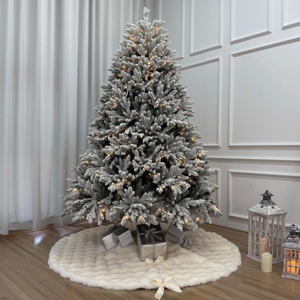 60-Inch Puff Quilt Faux Fur Christmas Tree Skirt, Soft Plush Tufted Texture with Satin Ribbon Ties, Cream