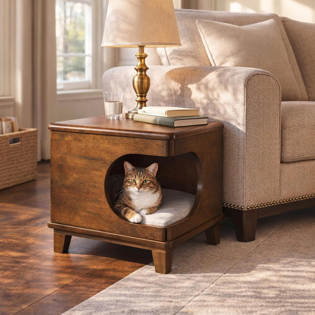 Beryl Rubber Wood 2-in-1 Cat House End Table with Cushion, Multi-Functional Pet Side Table Cat Cave Nightstand