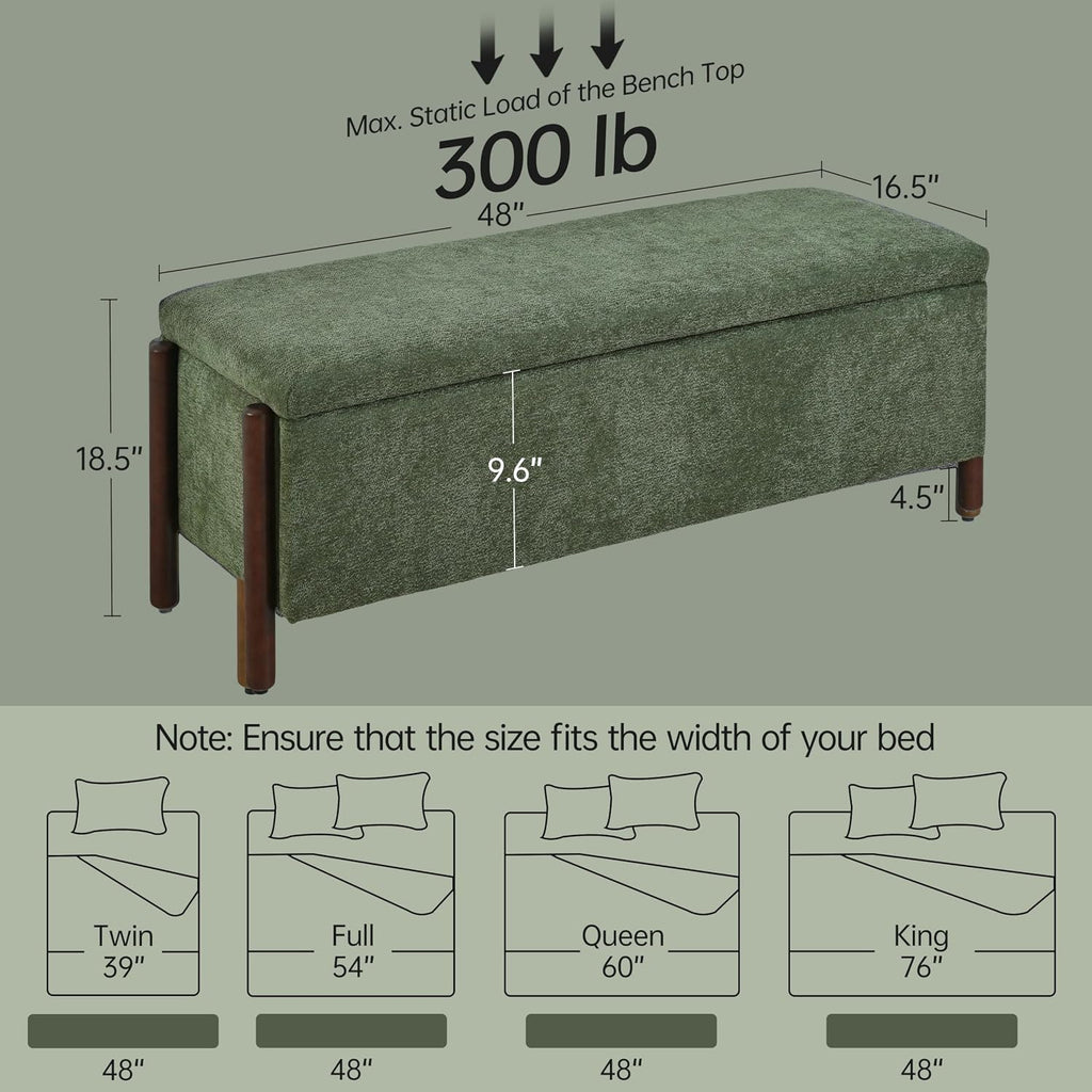 Wooden Storage Ottoman Bench, 47" Fabric Upholstered End of Storage Bench with Rubberwood Legs, Entryway Bench with