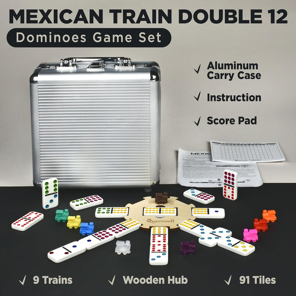 Mexican Train Dominoes Set with Wooden Hub, Domino Tile Board Games - Double 12 Dominos Set for Family Game Night