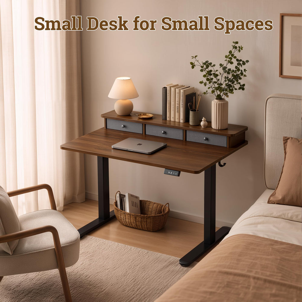 Small Standing Desk with 3 Drawers, 32" Computer Desk Vanity, Walnut
