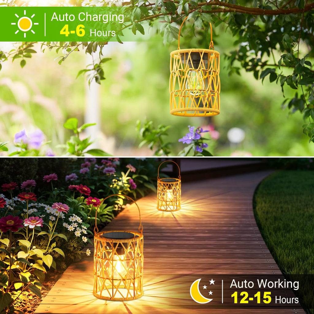 Solar Lantern Outdoor Lights, 2 Pack Bright Hanging Solar Lanterns Outdoor Waterproof with Handle, Decoration Rattan