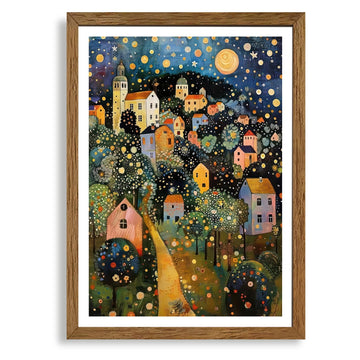 Gustav Klimt Style Village Night Wall Art Framed Canvas 16x24 inch