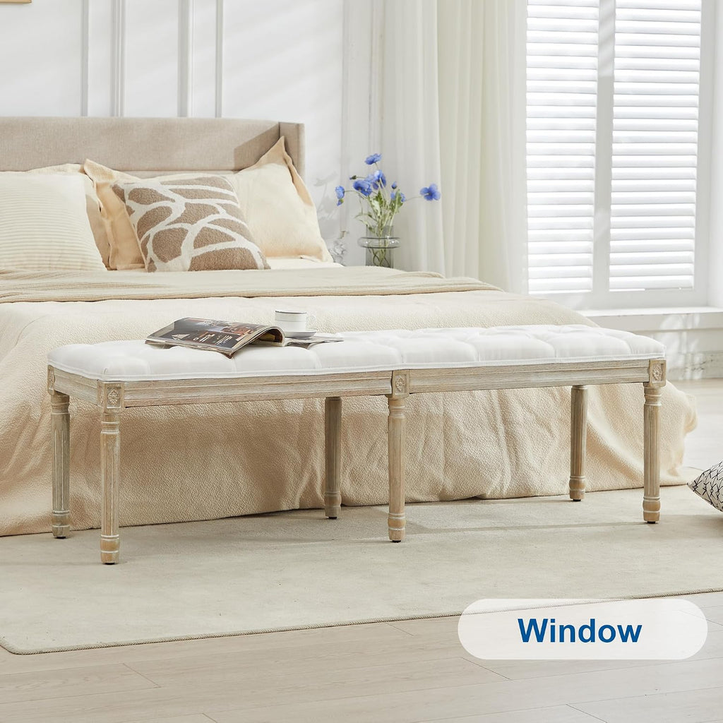 58'' Linen End of Bed Bench King Size, White | Vintage, Upholstered, Button-Tufted, Carved Wood Legs