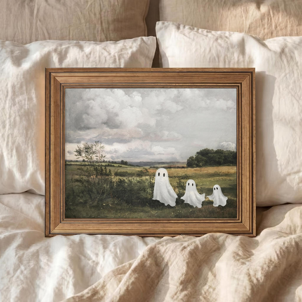 Vintage Halloween Wall Art, Gold Framed Cute Ghost Rustic Landscape Painting, Aesthetic Spooky Farmhouse Decor, Fall