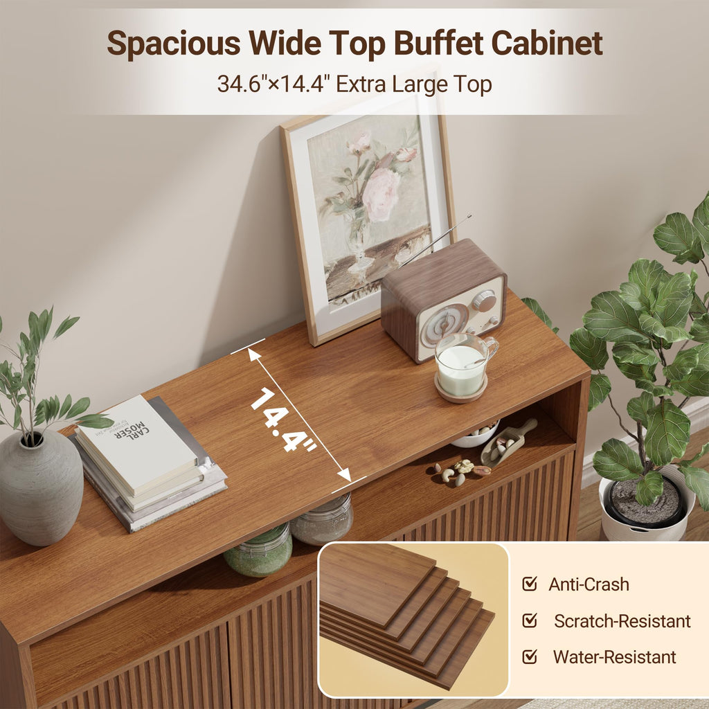 Fluted Sideboard Buffet Cabinet with Open Storage, Modern Large Credenza