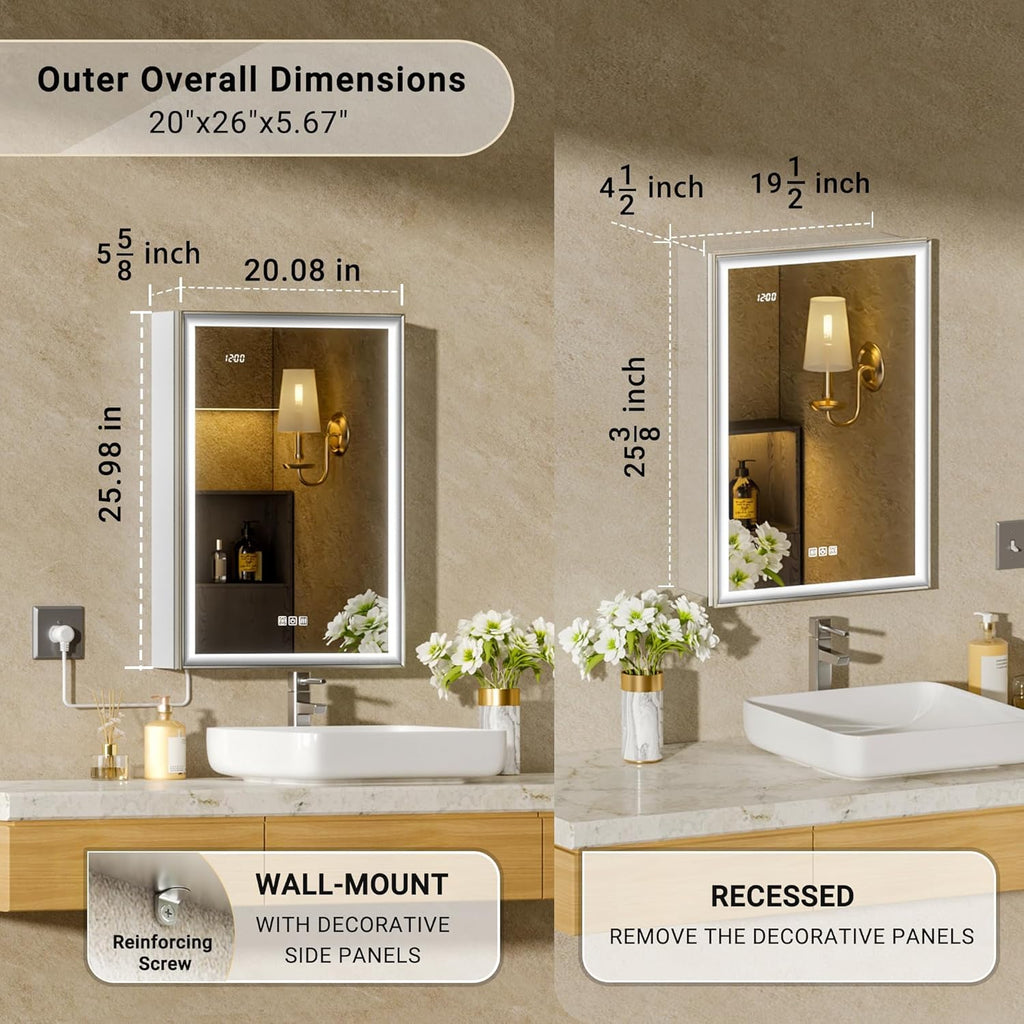 20x26 LED Medicine Mirror Cabinet, Beveled Brushed Nickel Frame | Lighted Aluminum Bathroom Cabinet, Surface or