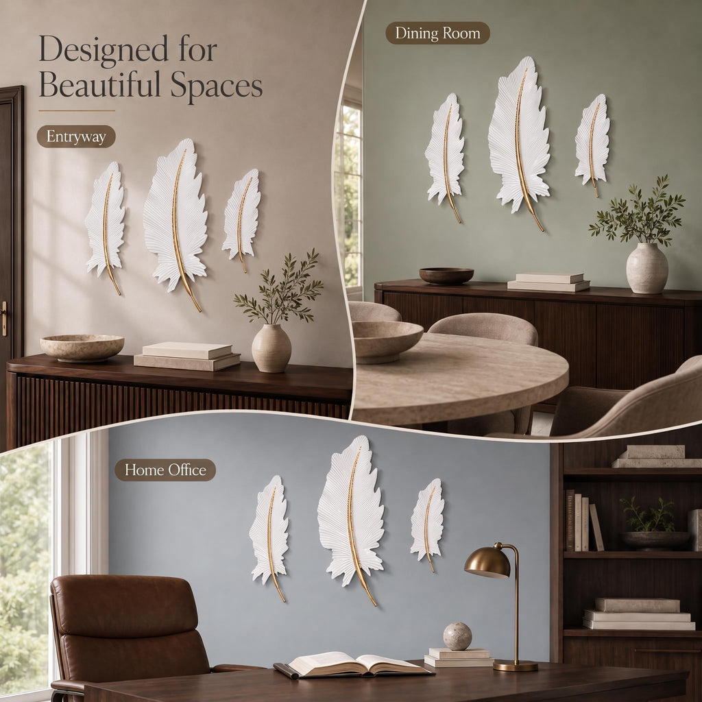 3-Piece 3D Metal Feather Wall Decor Set, White & Gold