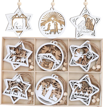 Wooden Nativity Scene Christmas Tree Ornaments Set - Set of 18