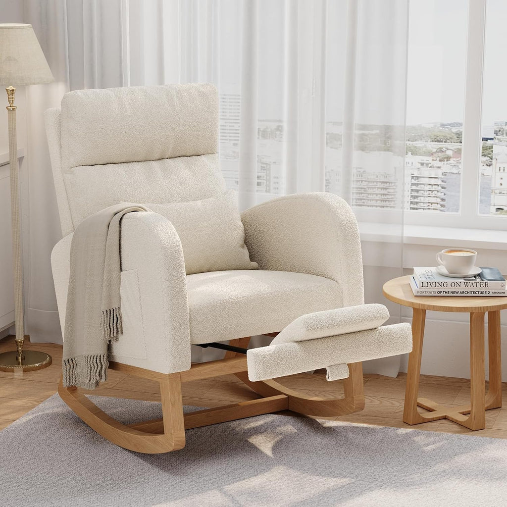 Rocking Chair, Nursery Glider Chair with Footrest, White | Modern Teddy Fleece Rocking Chair with Side Pocket and