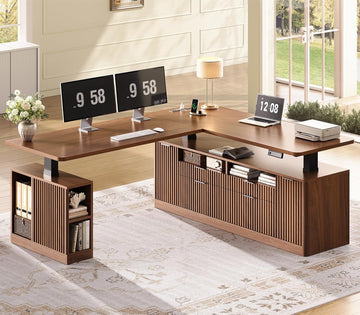 Fluted L Shaped Executive Electric Standing Desk with 4 Drawers | 69" x 55" Height Adjustable Office Desk with