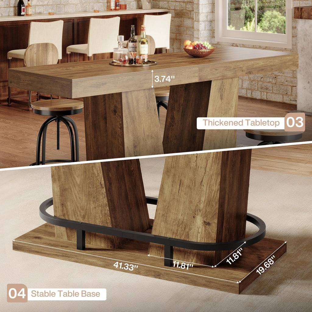 62.99" Industrial Bar Table for 4-6, Rectangle Counter Height Pub Table with Metal Footrest, Home Bar Units for Pub