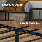Full Bed Frame with Ergonomic Headboard, Upholstered Metal Platform Bed Full with 2-Tier Storage, Charging Station