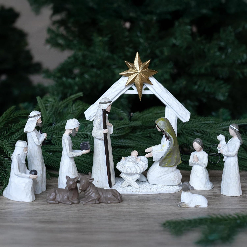 Christmas Nativity Scene Set, 12 Piece Resin Miniature Holy Family Figurines, Mini Decorative Religious Christmas