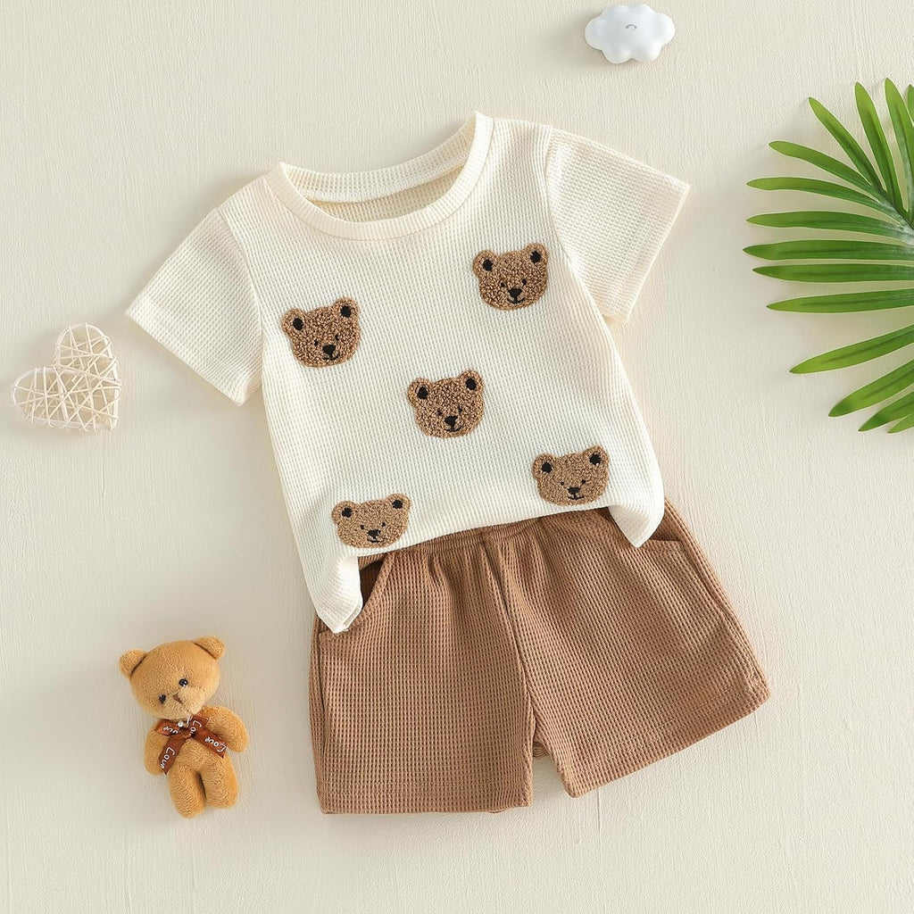 Baby Boy Summer Clothes Bear Embroidery Crew Neck Waffle Short Sleeve Tops Shorts Set 2pcs Toddler Boy Outfits