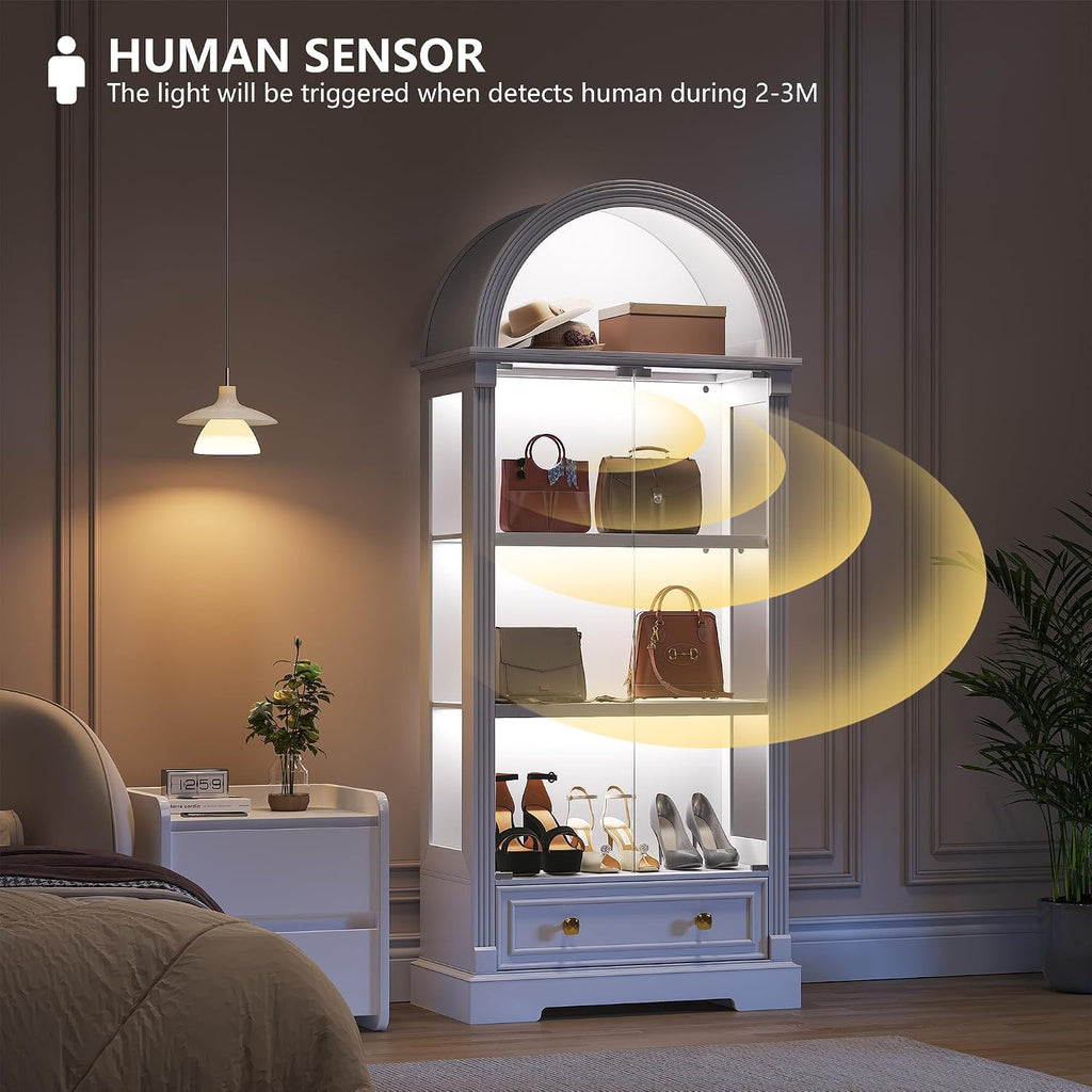 Curio Cabinet with Glass Doors & LED Lights | 72" Tall, Arched Display Cabinet, Human Sensor Lights, 4-Tier Large
