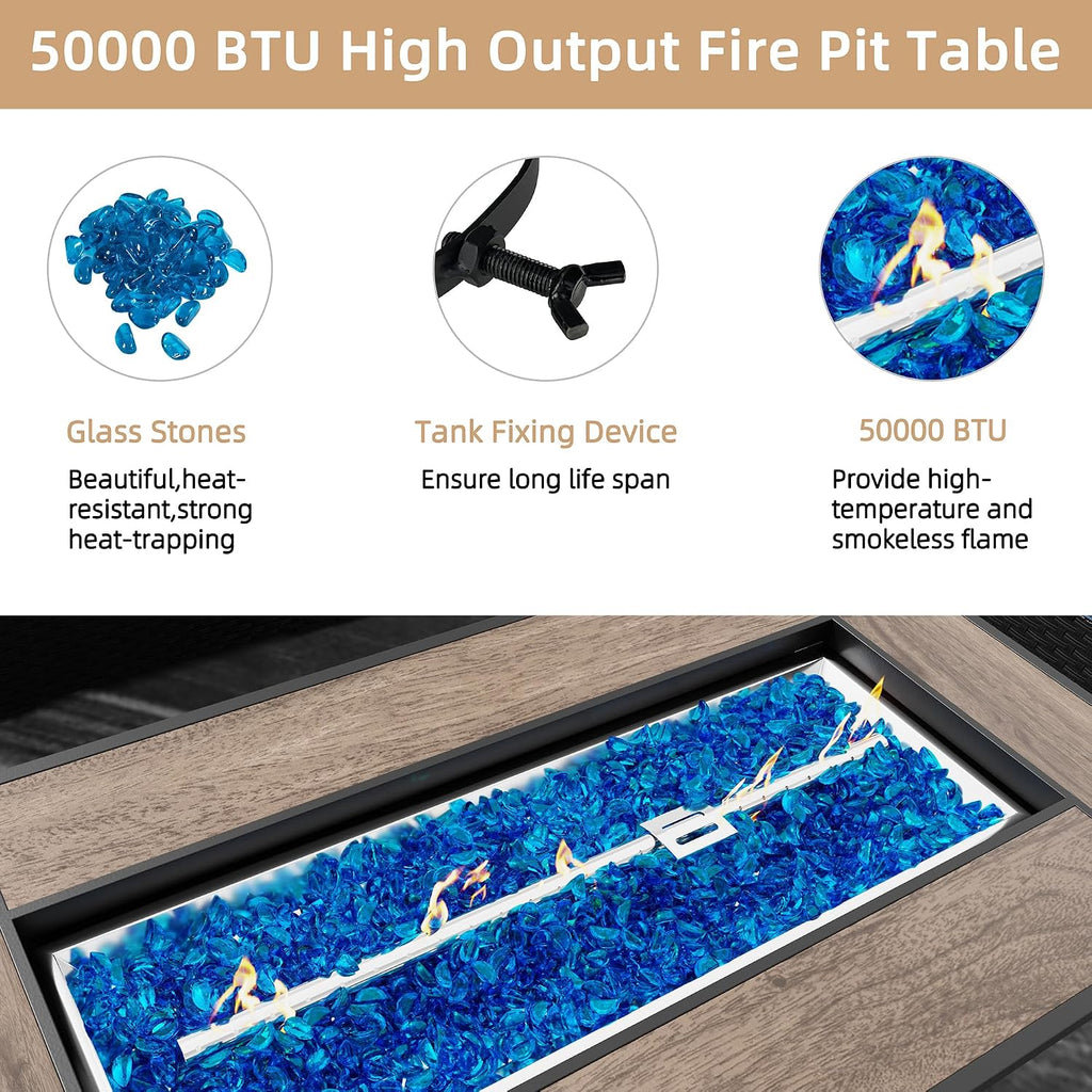 45 Inch Propane Fire Pit Table, 50,000 BTU Outdoor Gas Fire Pit & Backyard, 2-in-1 Firepit Dining Table with Glass