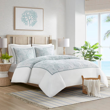 100% Cotton Duvet Cover, Embroidered Coastal Seashells, Starfish Duvet Cover Set - Light Weight Bed Comforter Covers