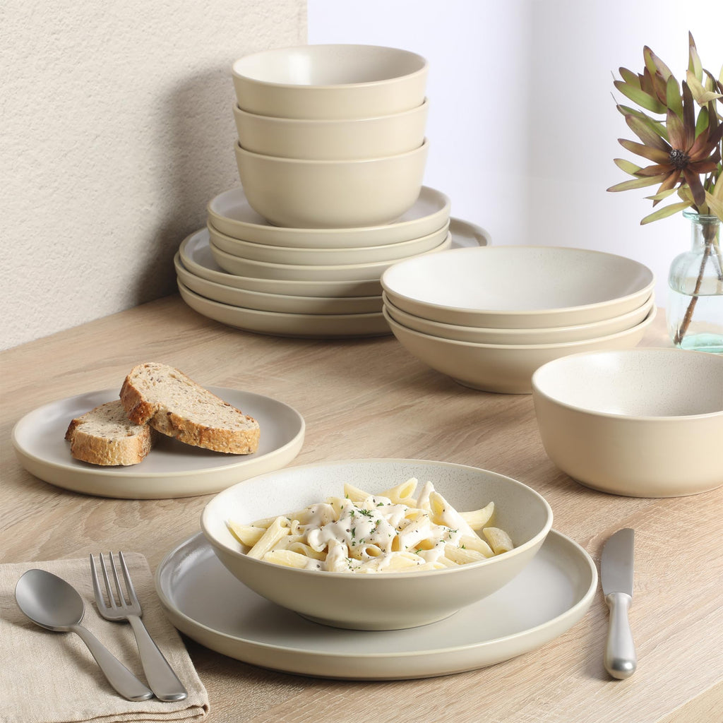 Tribeca Loft 16-Piece Dinnerware Set - Matte Cream and White Reactive Glaze Stoneware, Double Bowl Round Plates