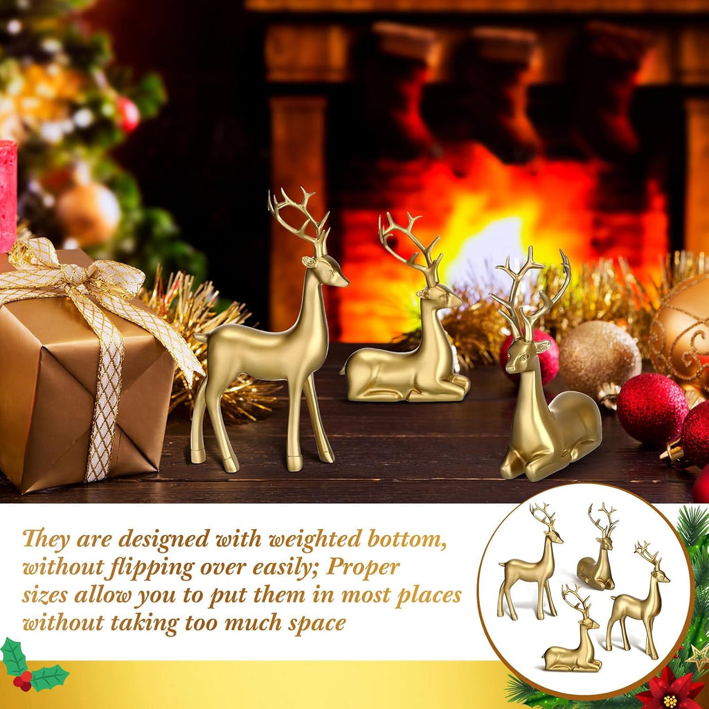 8 Pcs Christmas Reindeer Figurines Sitting Standing Statues, Gold