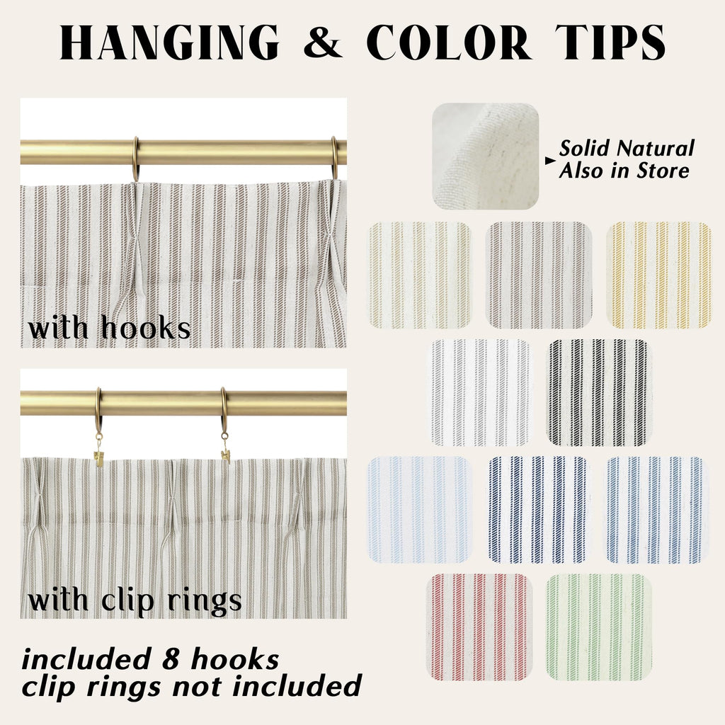 Small Window Curtains, Pinch Pleated Cafe Curtain 24 Inch Length, Linen Farmhouse Sheer Taupe Pinstripe Ticking Stripe