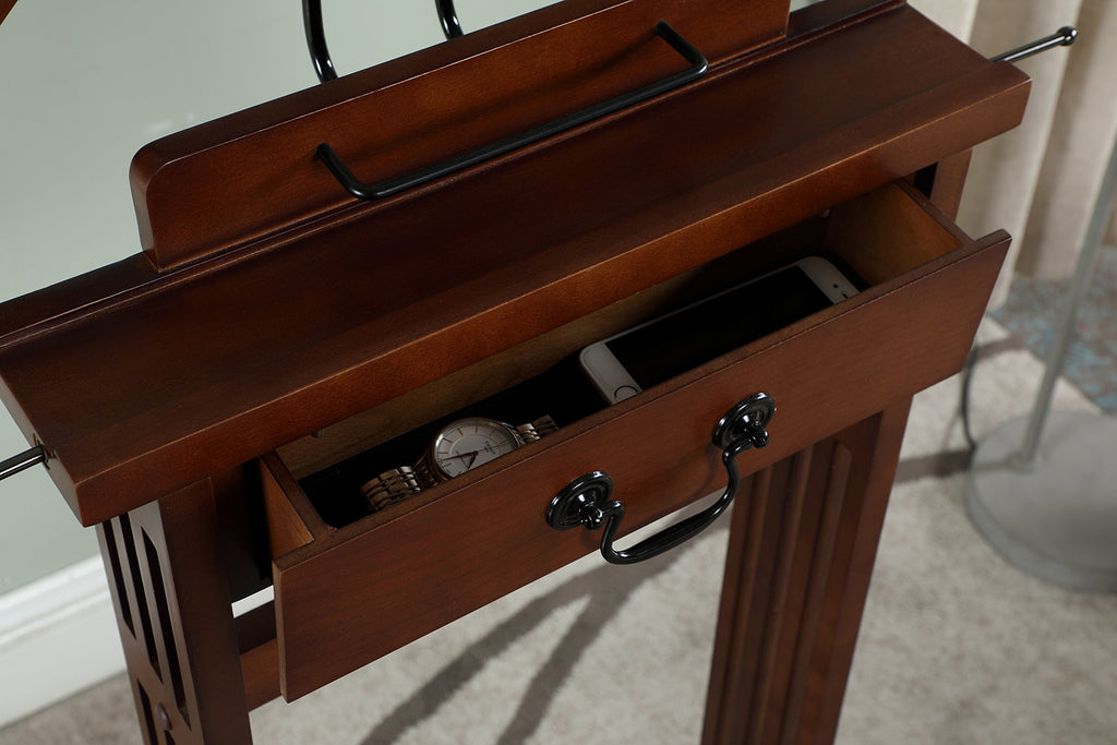 Mission Wardrobe Wood Valet Stand with Drawer, Contour Hanger, Trouser Bar, Tie & Belt Hooks and Shoe Rack