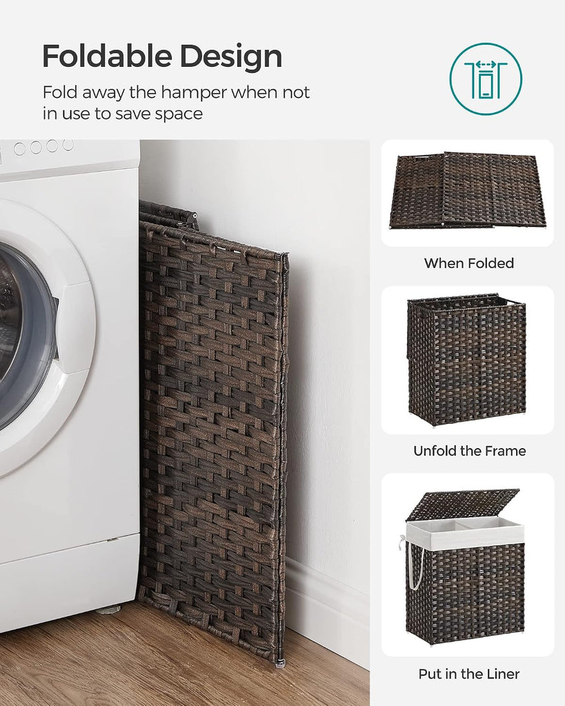 Laundry Hamper with Lid, 110L Wicker Laundry Basket | 6 Mesh Bags, 2 Removable Liner Bags, 13 x 22.4 x 23.6 Inches